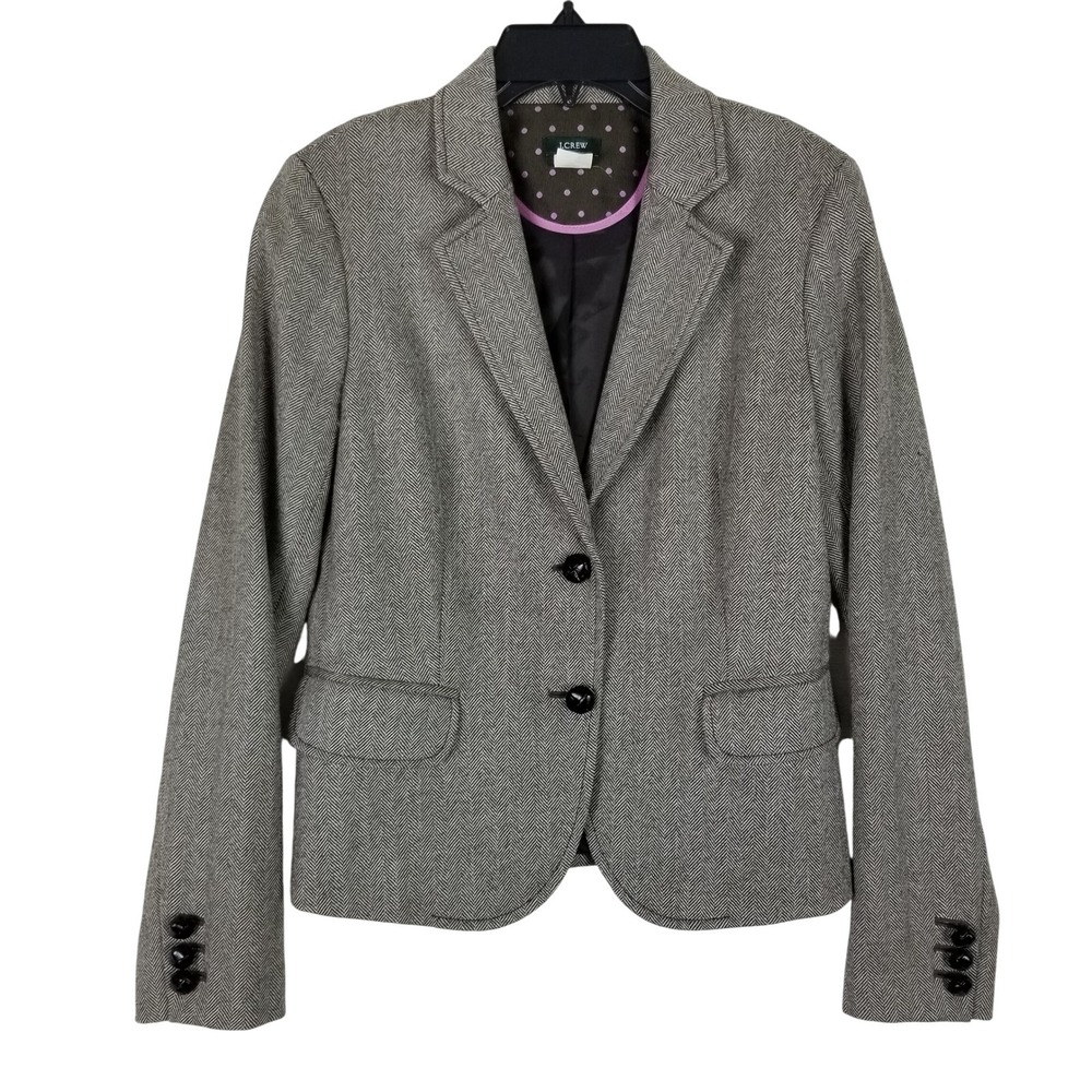 J.Crew Blazer Women 4 Grey Herringbone 100% Wool Two-Button Polka Dot Lining